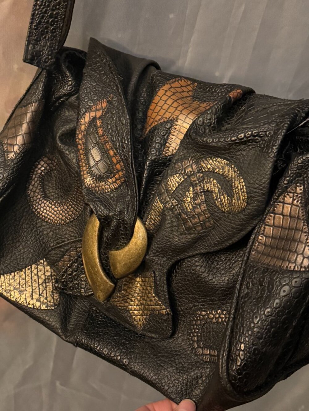 Vintage 80s Patchwork Crossbody Bag Metallic Gold Black Faux Leather Hobo Retro